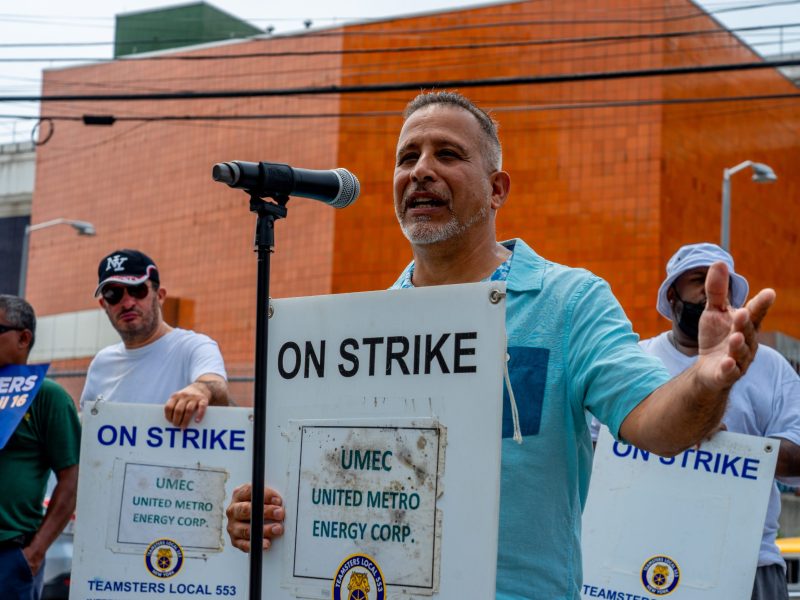 Ivan Areizaga speaks to rally with Democratic Socialists of America at United Metro Energy picket line