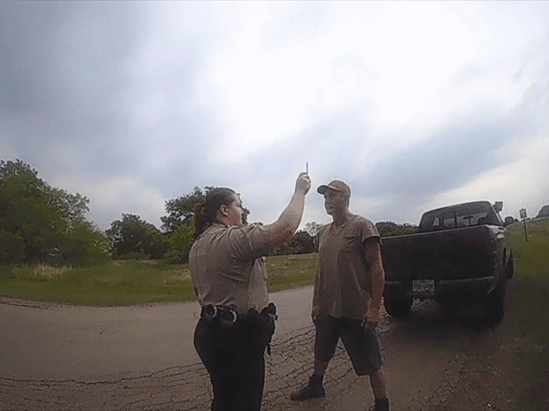 Body camera still of Denton County, Texas sheriffs arresting "Thomas," a former firefighter. The footage of Thomas's arrest later revealed that sheriffs were aware he was not drunk but arrested him for a DUI anyway.
