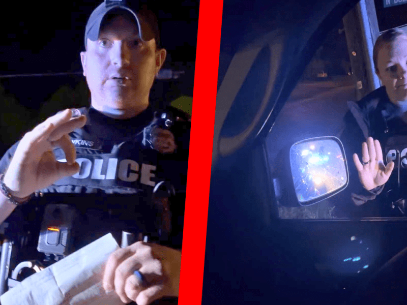 On the left a male police officer holds up a traffic ticket while making an "ok" sign with his hand. On the right, a female police officer holds up a hand defensively.